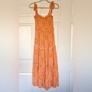 Lush Smocked Orange Tiered Midi Dress with Tie Straps — Size Small